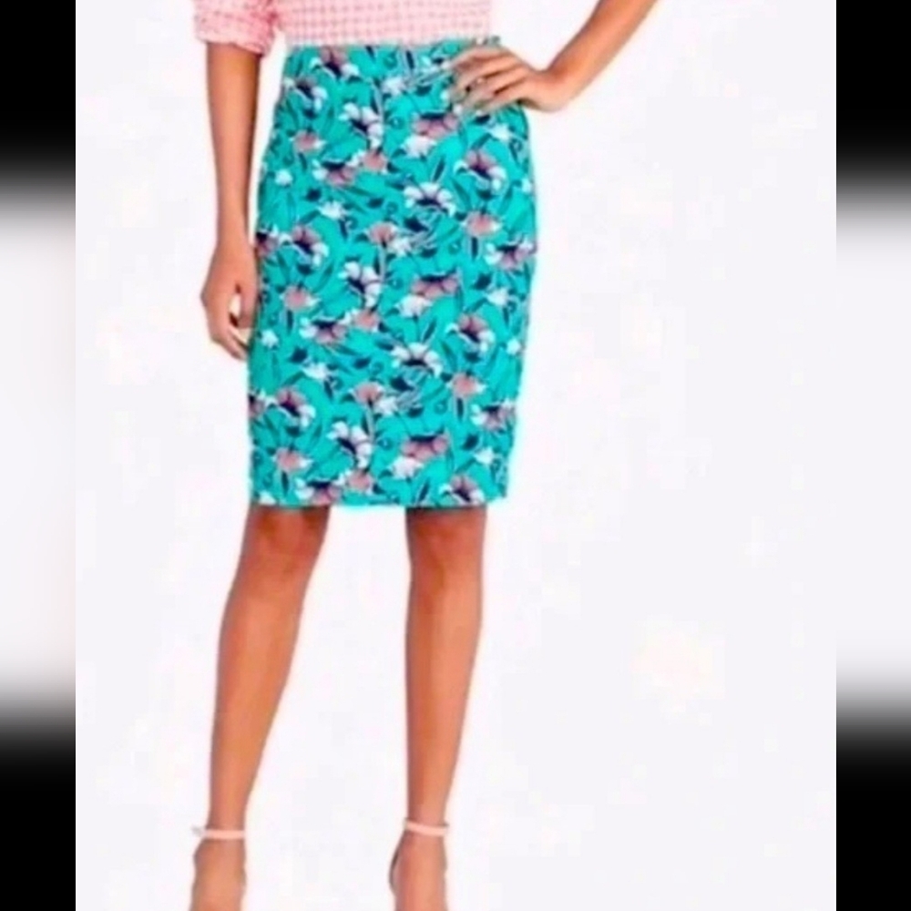 J. By J. Crew Women's Twill Floral Teal Pencil Skirt 12